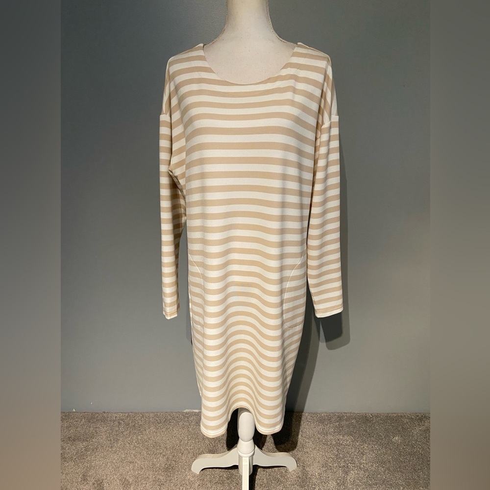 Belle by Kim Gravel Beige and White Striped Long Sleeve Shift Dress